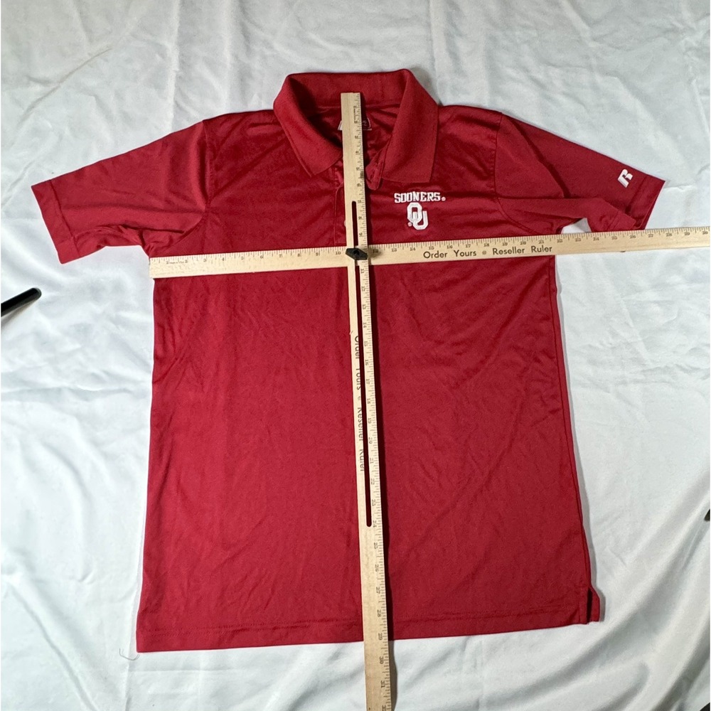 NCAA Oklahoma Sooners OU Russell Size L Red Polyester Big Logo Polo Golf‎ Shirt - Picture 2 of 9